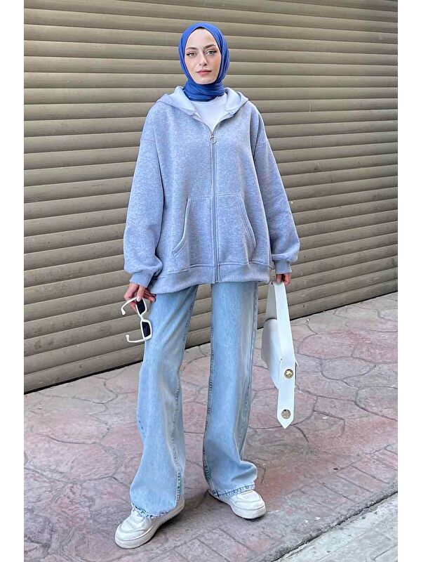Lamelif Kapüşonlu Oversize Yan Cepli Sweat Gri