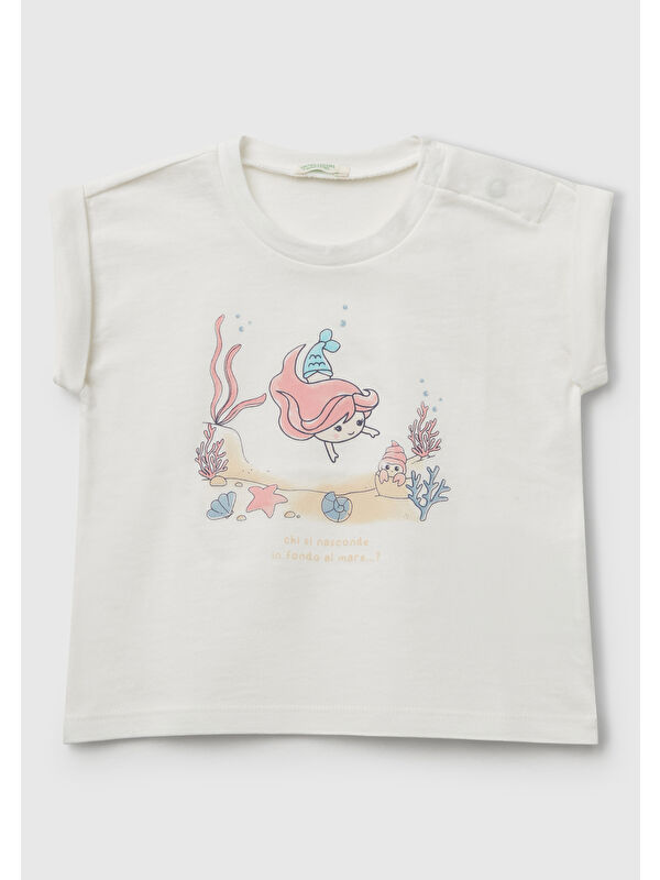 United Colors Of Benetton Bebek Beyaz Önü Baskılı Manşetli T-Shirt