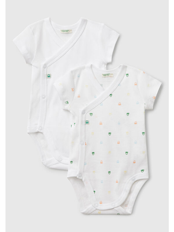 United Colors Of Benetton Bebek Beyaz Desenli Çıtçıtlı Kısa Kollu 2'li Body Seti