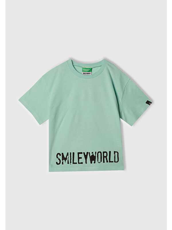 United Colors Of Benetton Kız Çocuk Su Yeşili Smiley World Baskılı Logo Etiketli T-Shirt