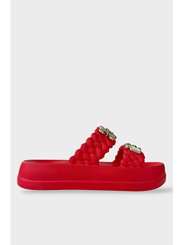 LİGER Kadın Taşlı Rahat Konforlu Günlük Terlik Kirmizi
