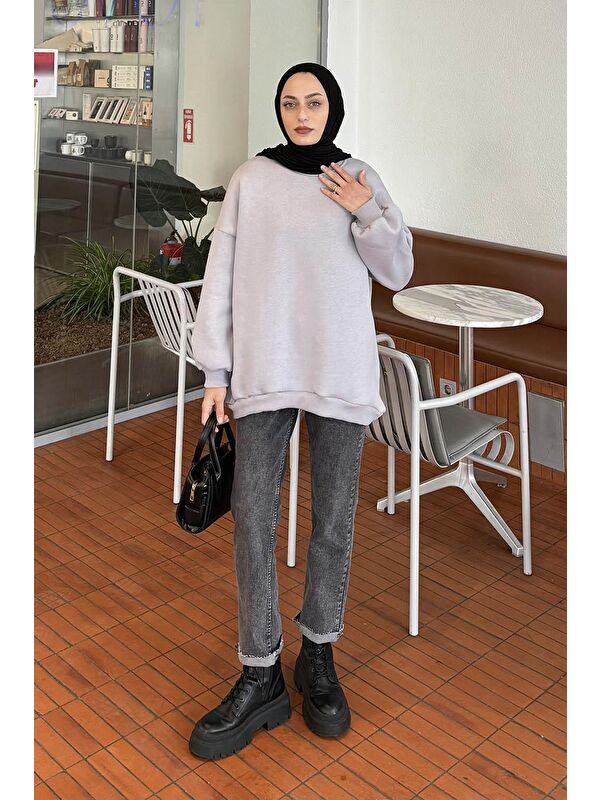 Lamelif Jasmin Bisiklet Yaka Oversize Sweat Açık Gri