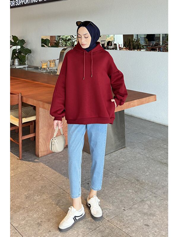 Lamelif Kapüşonlu Oversize Yan Cepli Sweat Bordo