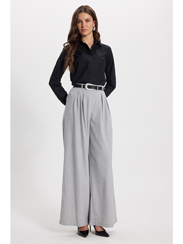 TUDORS Kadın Slim Fit Dar Kesim %100 Pamuk Spor Yaka Gizli Pat Uzun Kollu Düz Oxford Siyah Gömlek
