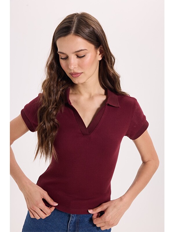 TUDORS Kadın Slim Fit Dar Kesim Pamuklu Kısa Kollu Bordo Polo Yaka Tişört