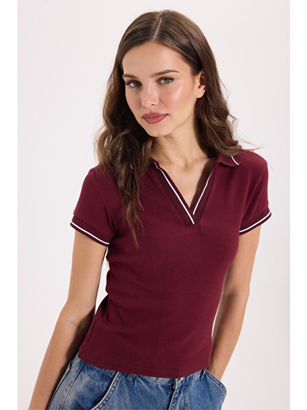 TUDORS Kadın Slim Fit Dar Kesim Pamuklu Polo Yaka Kısa Kollu Bordo Tişört