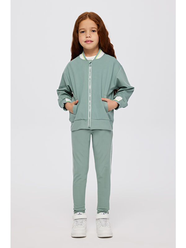 Panço Kız Çocuk Kolej Yaka Yakası Çizgili Fermuarlı Yeşil Sweatshirt