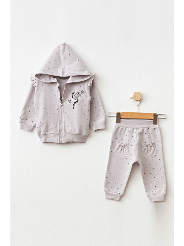 AZİZ BEBE Kız Bebek Çiçek Desenli Sweatshirt Pantolon T-shirt 3'lü Alt Üst Bebek Takımı 3Ay - 36Ay