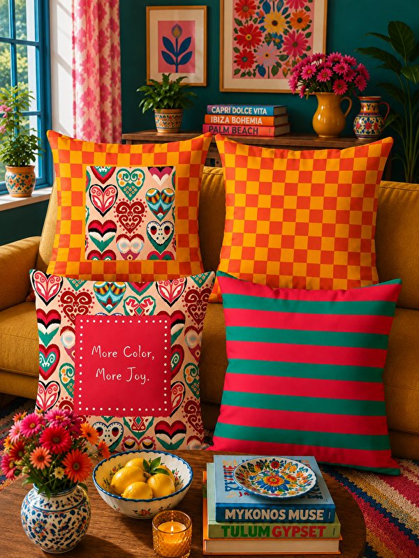 Asdiva Amore 4'lü Kombin Kırlent Kılıfı Seti Kalp Ve Damalı Desenli Dekoratif Kırlent Kılıfı 43x43