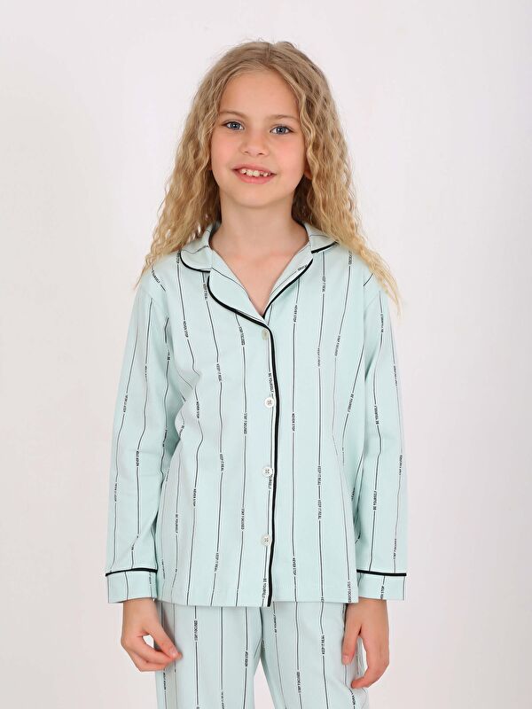 Vitmo Kız Çocuk Uzun Kollu Düğmeli Pijama Takımı Stay Focused Mint