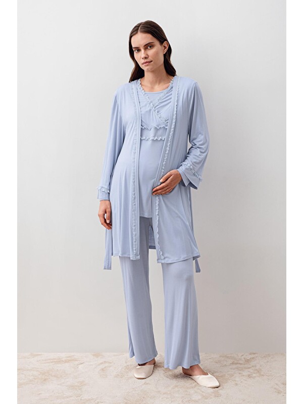 Artış Uzun Kollu Dantelli Elastanlı Viskoz Hamile Sabahlık Pijama Takım 20300