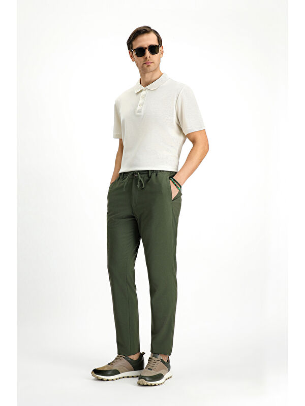 Kiğılı Super Slim Fit Ekstra Dar Kesim Beli Lastikli İpli Gofre Elastanlı Klasik Kumaş Pantolon