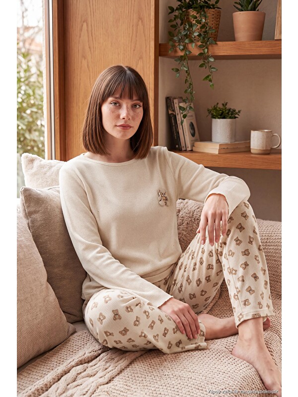 Lela Yumuşak Dokulu Desenli Uzun Kollu Kadın Pijama Takımı 6575018