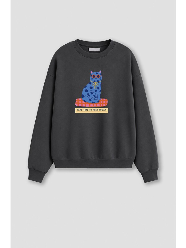 Monila Kadın Premium Kumaş 3 İplik Şardonlu Kedi Baskılı Sweatshirt