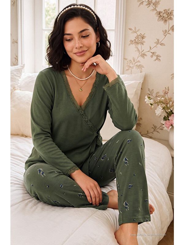 Lela Desenli Dantel Detaylı Bağlamalı Uzun Kollu Kadın Pijama Takımı 6575024