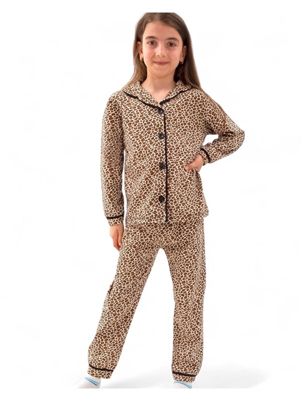 Ege Bebek Kız Çocuk Leopar Desenli Kruvaze Yakalı, Düğmeli Mevsimlik Gecelik Pijama Takımı l 6 Ay 14 Yaş