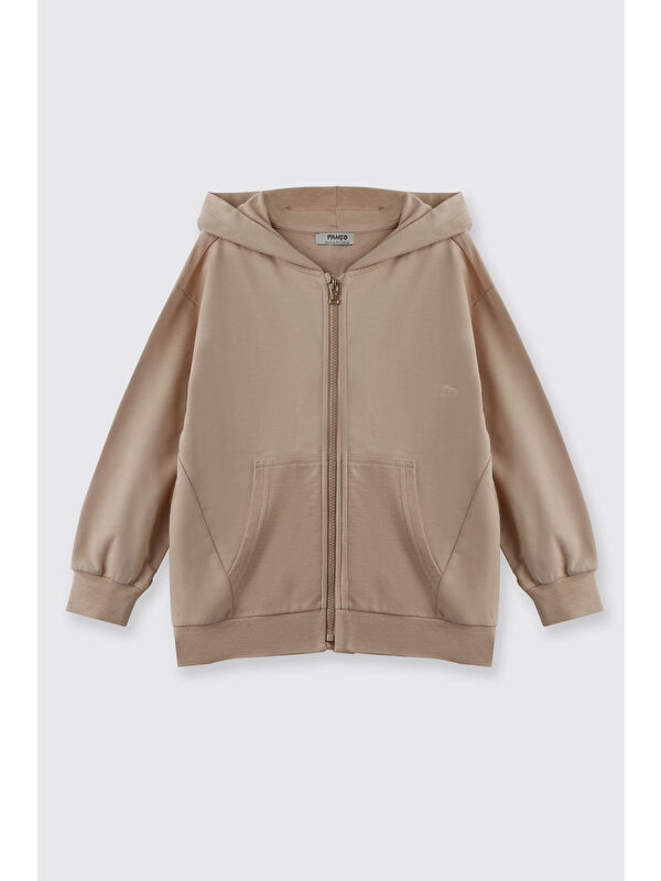 Panço Erkek Çocuk Kapüşonlu Fermuarlı Bej Sweatshirt