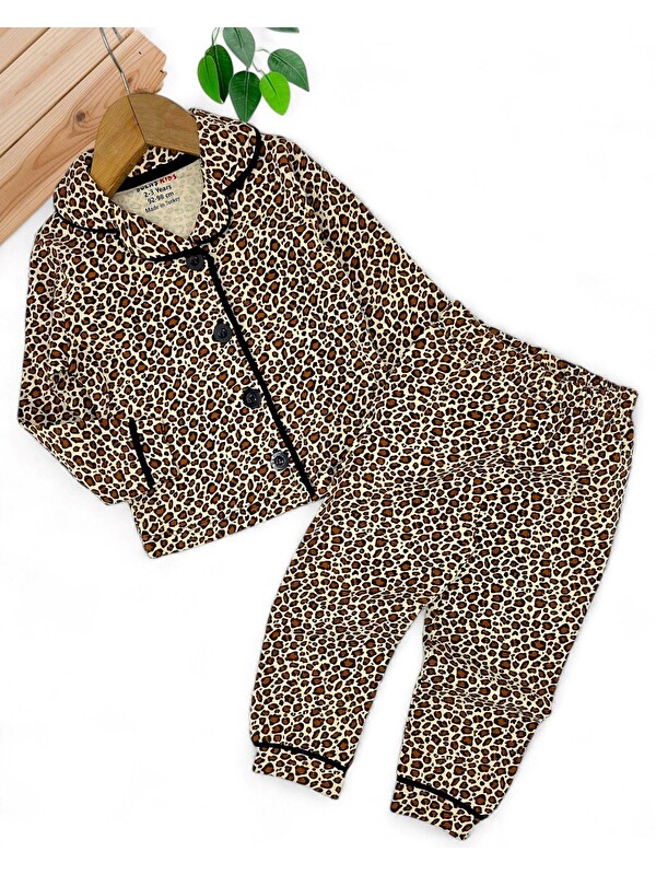 Ege Bebek Kız Çocuk Leopar Desenli Kruvaze Yakalı, Düğmeli Mevsimlik Gecelik Pijama Takımı l 6 Ay 14 Yaş