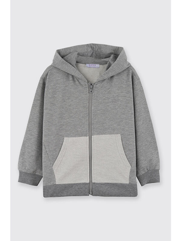 Panço Erkek Çocuk Kapüşonlu Fermuarlı Gri-Melanj Sweatshirt