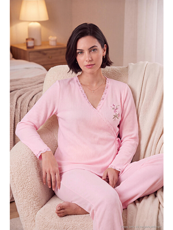 Lela Desenli Dantel Detaylı Bağlamalı Uzun Kollu Kadın Pijama Takımı 6575024