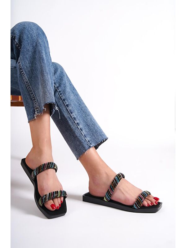 Küt Burunlu Taşlı Bantlı Düz Topuklu Kadın Terlik - Görsel 2