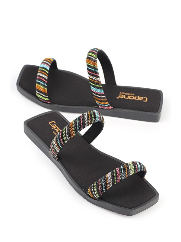 Küt Burunlu Taşlı Bantlı Düz Topuklu Kadın Terlik - Görsel 3