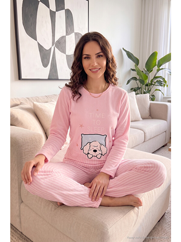 Lela Çizgili Yumuşak Kışlık Polar Kadın Pijama Takımı 6575030