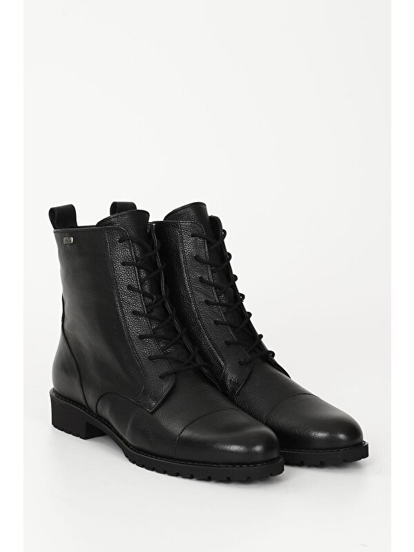 SİYAH Hakiki Deri Yuvarlak Burun Kauçuk Taban Topuklu Fermuarlı Bağcıklı Kadın Günlük Postal Bot 46 - Görsel 3