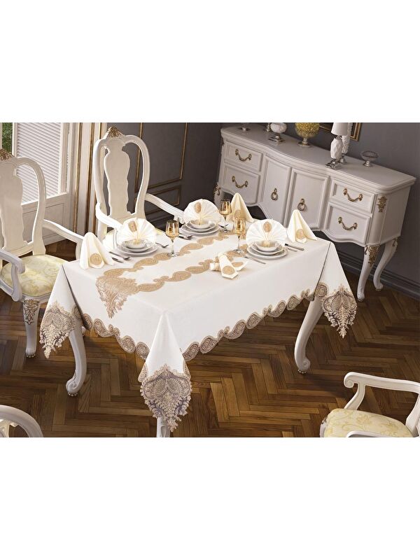 Çeyiz Diyarı Verna Masa Örtüsü 160x260 Cm 26 Parça Krem Gold