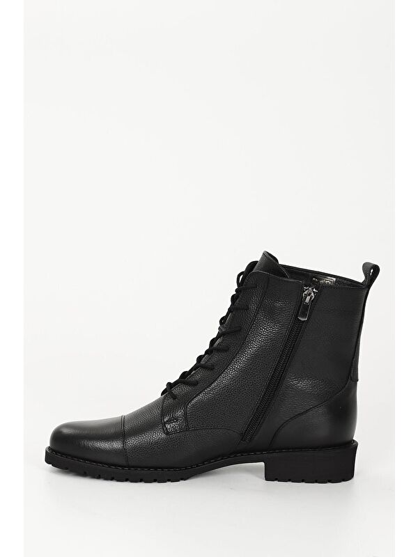 SİYAH Hakiki Deri Yuvarlak Burun Kauçuk Taban Topuklu Fermuarlı Bağcıklı Kadın Günlük Postal Bot 46 - Görsel 7