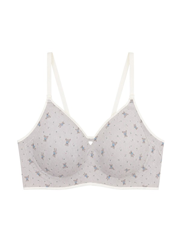 Cottonhill Seamless Bra - Mireva | Gri Lazer Kesim Rib Dokulu Ayıcık Desenli Balensiz Kadın Sütyen
