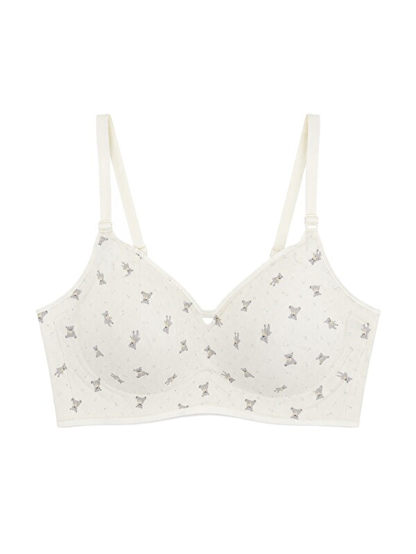 Cottonhill Seamless Bra - Mireva | Krem Lazer Kesim Rib Dokulu Ayıcık Desenli Balensiz Kadın Sütyen
