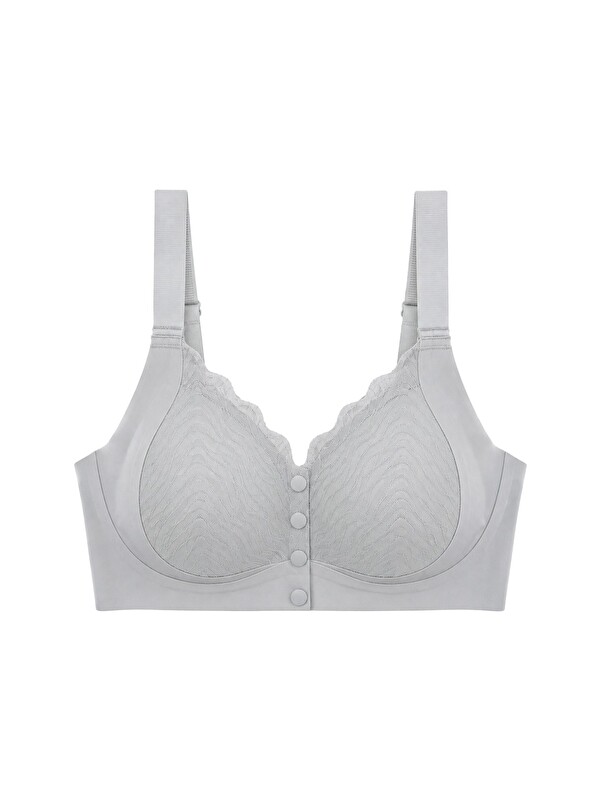 Cottonhill Seamless Bra - Larevia | Gri Lazer Kesim Önden Düğmeli Tül Detaylı Kadın Sütyen