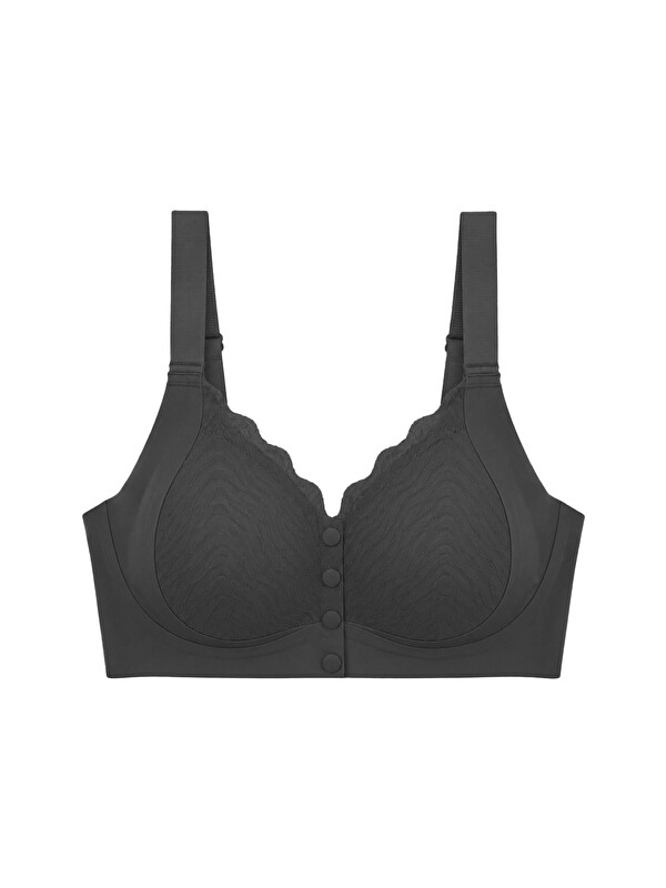 Cottonhill Seamless Bra - Larevia | Siyah Lazer Kesim Önden Düğmeli Tül Detaylı Kadın Sütyen