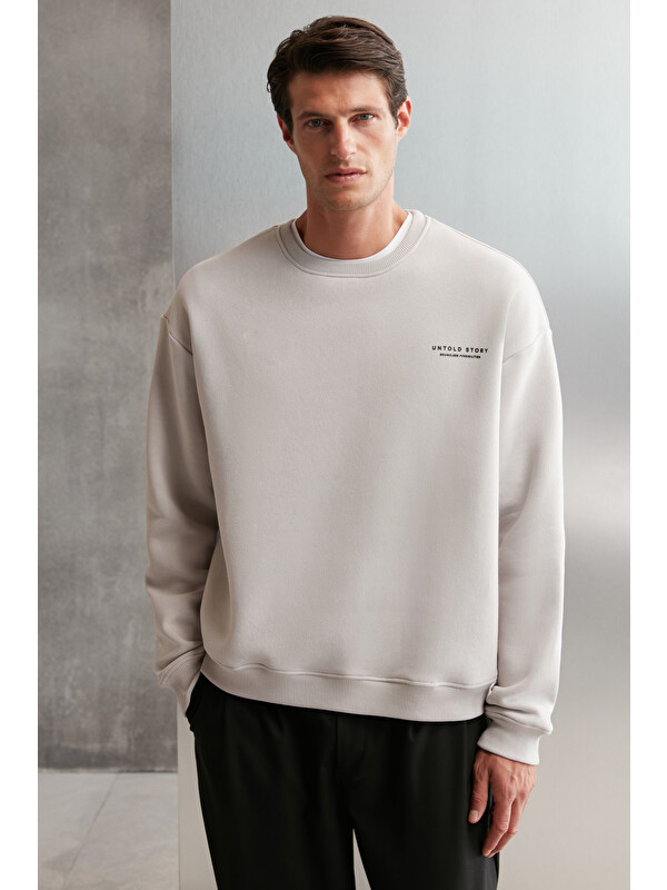 GRIMELANGE BRYAN Erkek Yumuşacık Kumaşlı 3 İplik Oversize Bol Kesim Yuvarlak Yakalı Baskılı GRİ Sweatshirt