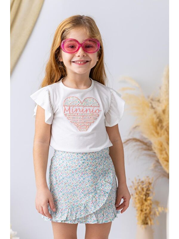 MİNİNİO Kız Çocuk Kalp Nakışlı T-Shirt - Ekru