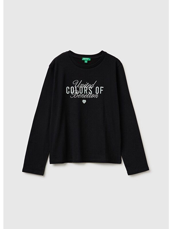 United Colors Of Benetton Kız Çocuk Siyah Önü İşlemeli Uzun Kollu Tişört
