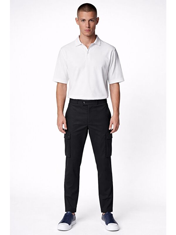 Sabri Özel Giotelli Erkek Siyah Dar Kesim Slim Fit Viskon Dokuma Kargo Cep Normal Bel Pantolon
