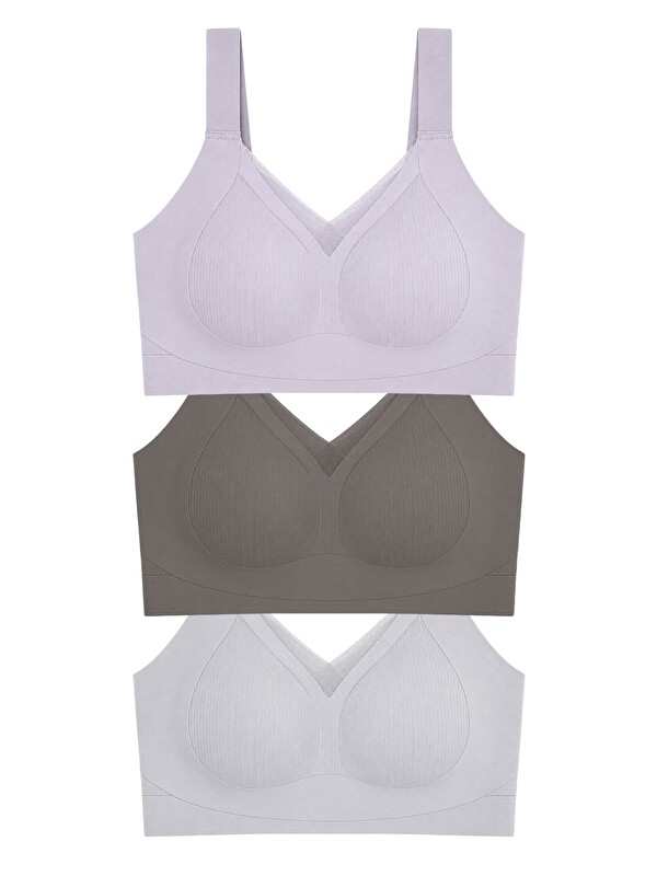 Cottonhill Seamless Bra - Elvora | Lazer Kesim Rib Dokulu Tül Detaylı Balensiz Kadın Sütyen 3'Lü Paket