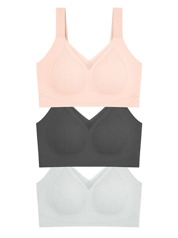 Cottonhill Seamless Bra - Elvora | Lazer Kesim Rib Dokulu Tül Detaylı Balensiz Kadın Sütyen 3'Lü Paket-2