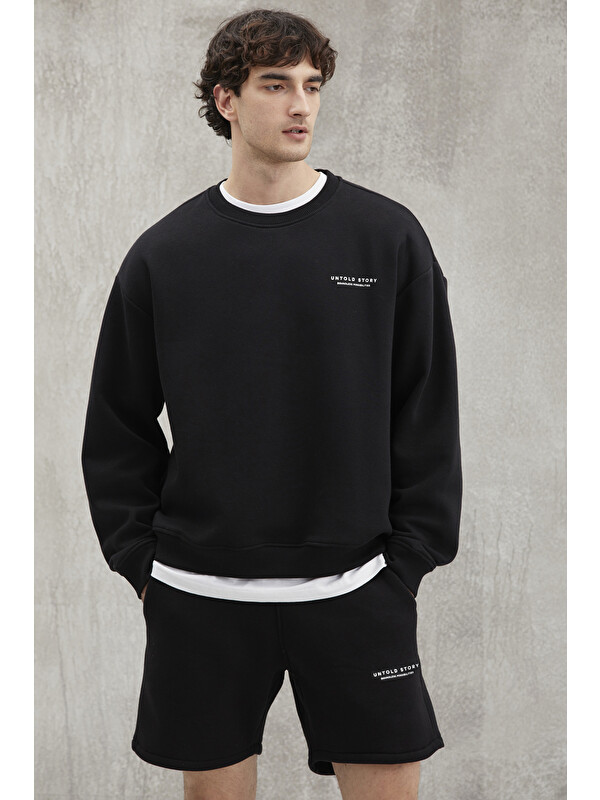 GRIMELANGE BRYAN Erkek Yumuşacık Kumaşlı 3 İplik Oversize Bol Kesim Yuvarlak Yakalı Baskılı SİYAH Sweatshirt