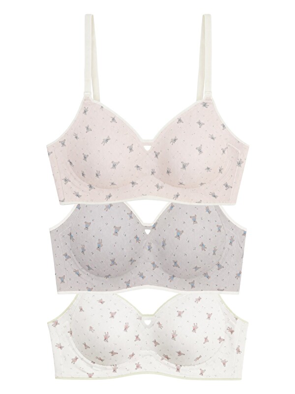 Cottonhill Seamless Bra - Mireva | Lazer Kesim Rib Dokulu Ayıcık Desenli Balensiz Kadın Sütyen 3'Lü Paket