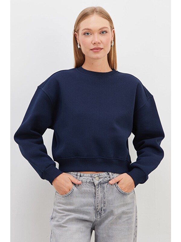 Fullamoda 3 İplik Basic Ribanalı Crop Sweatshirt