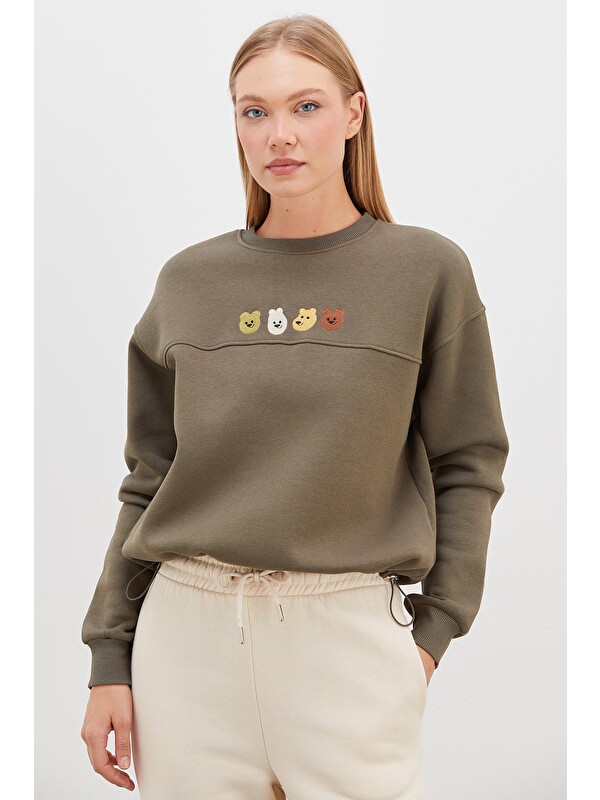 Fullamoda 3 İplik Ayıcık Nakışlı Stoperli Oversize Sweatshirt