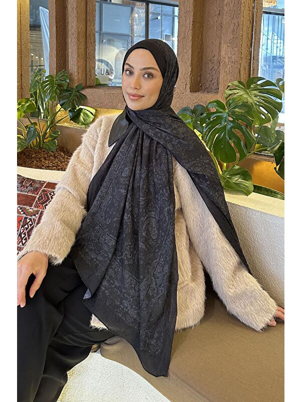 Lamelif Retro Desen Bambu Şal Siyah Gri