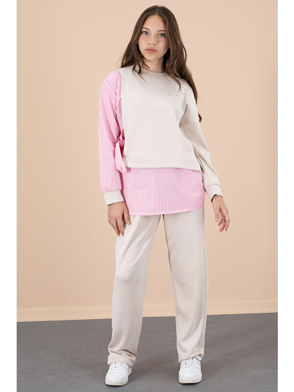 Cansın Mini Pembe Çizgi Desenli Taş Detaylı Bluzlu Kız Çocuk Kuşaklı Pantolonlu 2li Takım 20659