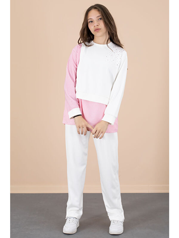 Cansın Mini Pembe Çizgi Desenli Taş Detaylı Bluzlu Kız Çocuk Kuşaklı Pantolonlu 2li Takım 20656