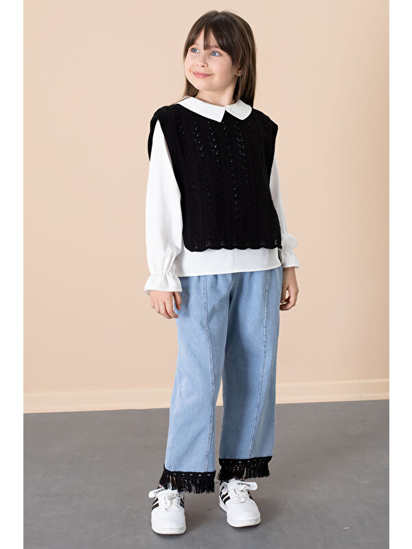 Cansın Mini Siyah Dantel Süveterli Jean Pantolonlu Kız Çocuk 3lü Takım 20683