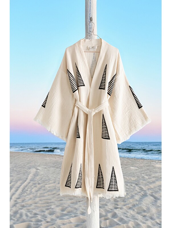 Varol Organik %100 Pamuk Kimono Yaka Sabalık Bornoz - Piramit-KREM-S/M