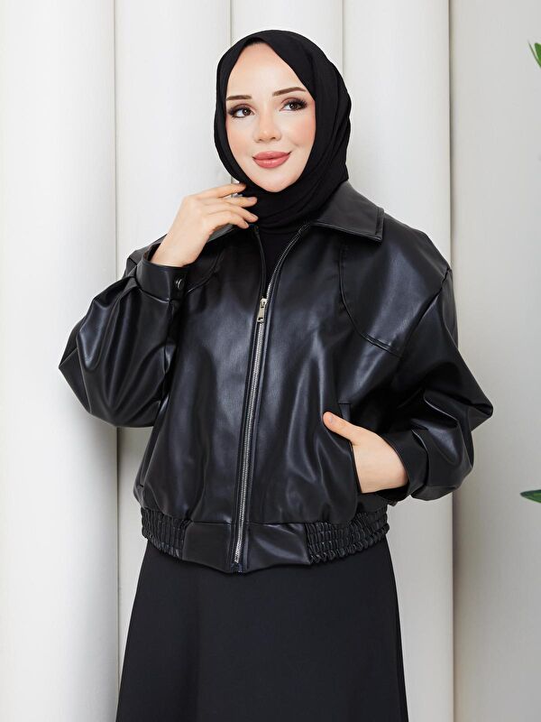 Comstar Kadın Trend Premium Mevsimlik Bomber Siyah Deri Ceket